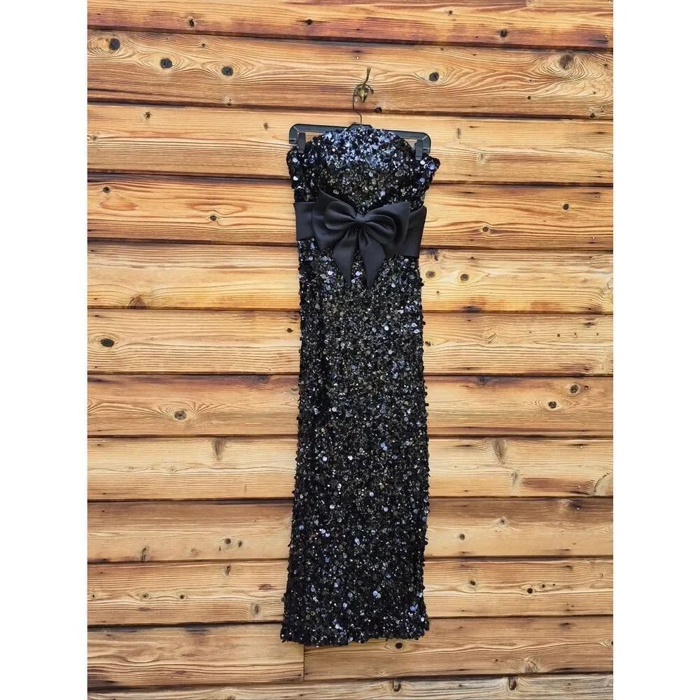 NEW Mac Duggal 27761 Black Strapless Sequin Evening Gown With Bow Size 6 - Picture 6 of 14